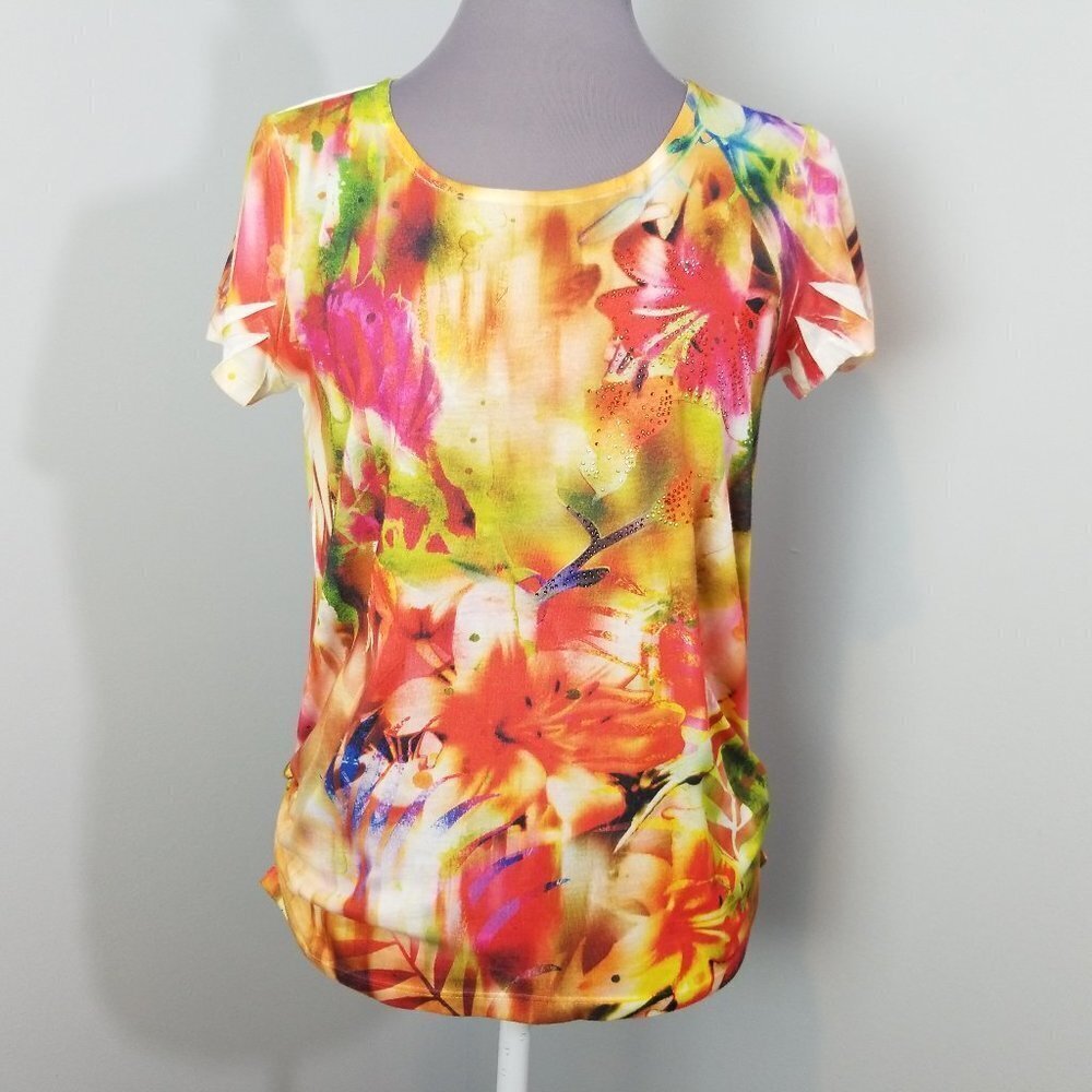 Chico's floral embellished beaded top Ruched Sides